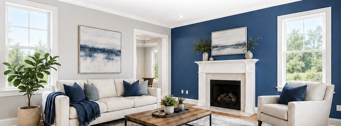 Bright living room with a navy blue accent wall, white trim and fireplace
